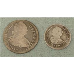 Peru Spain 2 Early Silver Coins 1, 2 Reales 1783 , 1777