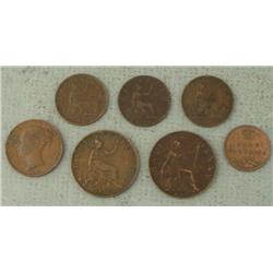 7 Early British Coins 1844-1902 Farthing, Half Penny