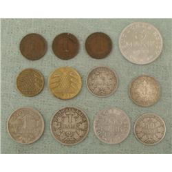 Lot 12 Early German Coins 5 Silver Pfennig, Mark 1873-
