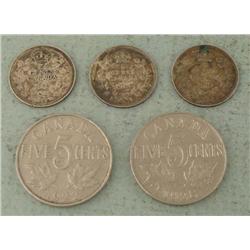 5 Diff Early Canada 5 Cent Coins, 3 Silver 1903-1928