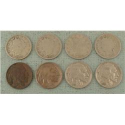 8 Early U.S. Nickels: 4 Liberty, 4 Buffalo 1907-1936