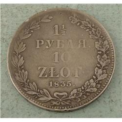 Poland 1.5 Rouble 10 ZLOT 1835 HT -Very Rare
