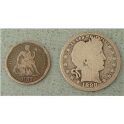 2 U.S. Type Coins 1877cc Dime, 1898 Barber Quarter