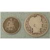 Image 1 : 2 U.S. Type Coins 1877cc Dime, 1898 Barber Quarter