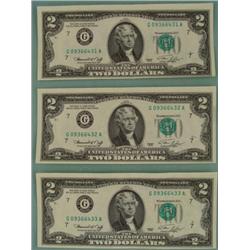 (3) 1976 $2 Bills Consecutive # Chicago Notes CU