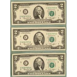 3 Consecutive # 1976 $2 Bill Notes  C  Mint Mark CU