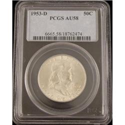 1953D PCGS AU 58 Franklin Silver Half Dollar
