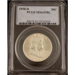 1958D PCGS MS63 FBL Silver Franklin Half Dollar -Nice