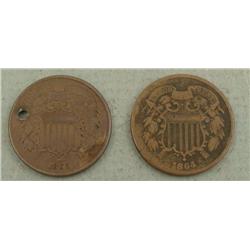 1864, 1865 US 2 Two Cent Pieces Very Nice Grade