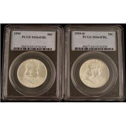 1959 & 1959D PCGS MS64 FBL Franklin Silver Half Dollars