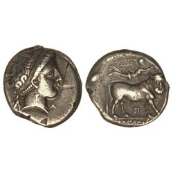 Diadracma. -  340-241. -  NEAPOLIS. -  Anv.: Cabeza diademada de ninfa a derecha. Rev.: Toro androcé