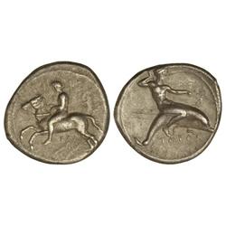 Didracma. -  420-380 a.C. -  TARAS. CALABRIA. -  Anv.: Jinete desnudo a caballo a izqueirda, debajo