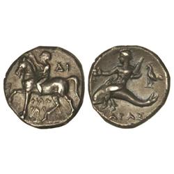 Didracma. -  272-235 a.C. -  TARAS (TARENTO). -  Anv.: Jinete a caballo a izquierda, detrás ¶, debaj