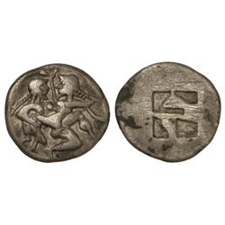 Dracma. -  520-510 a.C. -  THASOS. -  Anv.: Sátiro raptando ninfa. Rev.: Cuadro incuso dividido en c
