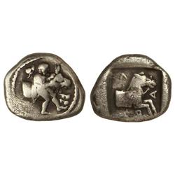 Hemidracma. -  460-400 a.C. -  LARISSA. -  Anv.: Joven sujetando mitad de toro a derecha. Rev.: Mita