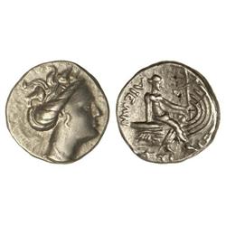 Tetróbolo. -  S. III a.C. -  HISTIAIA. -  Anv.: Cabeza de la ninfa Histiaia a derecha. Rev.: La ninf