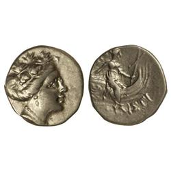 Tetróbolo. -  Siglo III a.C. -  HISTIAIA. -  Anv.: Cabeza de ninfa Histiaia a derecha. Rev.: La ninf