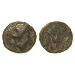 AE 11. -  304 a.C. -  RODAS. -  Anv.: Cabeza a derecha. Rev.: Rosa, alrededor letras y símbolos. 1,5