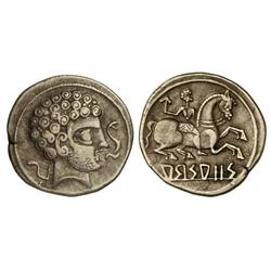 Denario. -  ARSAOS. -  Anv.: Cabeza barbada a derecha, delante delfín, detrás arado. Rev.: Jinete co