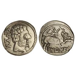 Denario. -  BASCUNES. -  Anv.: Cabeza barbada a derecha, detrás leyenda ibérica BENCODA. Rev.: Jinet