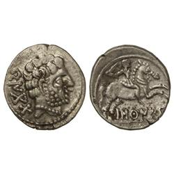 Denario. -  BASCUNES. -  Anv.: Cabeza barbada a derecha, detrás leyenda ibérica BENCODA. Rev.: Jinet