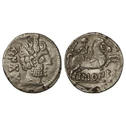 Denario. -  BASCUNES. -  Anv.: Cabeza barbada a derecha, detrás leyenda ibérica BENCODA. Rev.: Jinet