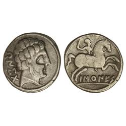 Denario. -  BASCUNES. -  Anv.: Cabeza barbada a derecha, detrás leyenda ibérica BENCODA. Rev.: Jinet