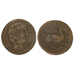 As. -  BASCUNES. -  Anv.: Cabeza barbada a derecha, delante delfín, detrás leyenda ibérica BeNCoTa.