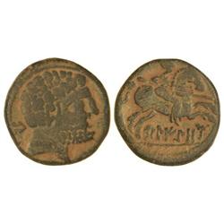 As. -  BELIGIOM. -  Anv.: Cabeza barbada a derecha, detrás letra ibérica Be. Rev.: Jinete con lanza,