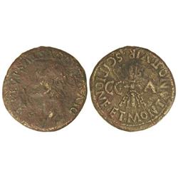 Dupondio. -  ÉPOCA DE CALÍGULA. -  CAESARAUGUSTA. -  Anv.: DIVVS AVGVSTVS PATER. Cabeza radiada de A