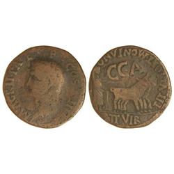 As. -  ÉPOCA DE CALÍGULA. -  CAESARAUGUSTA. -  Anv.: M. AGRIPPA L. F. COS. III. Cabeza de Agripa a i