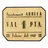 Image 1 : 1 Peseta. -  Febrero 1937. -  Aj. d´ARBECA. -  Cartón. Sello y número del tampón en azul. ESCASO. AT