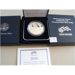 2010 DISABLED VETERANS COMMEMORATIVE SILVER  $1 PROOF