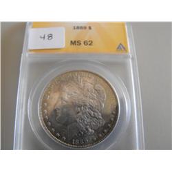 1889 $1 SILVER MORGAN MS 62 BLUE TONING