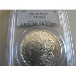 1921 SILVER $1 MORGAN PCGS MS 62 UNCIRCULATED