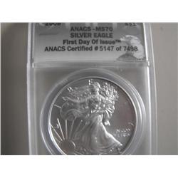 SILVER EAGLE FIRST DAY ISSUE MS 70 ANACS 2008 1 OUNCE