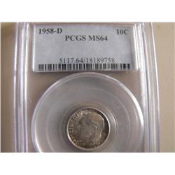 ***RAINBOW*** 1958 D SILVER DIME PCGS MS 64 10c