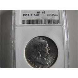 1953 d ANACS 63 FRANKLIN HALF SILVER
