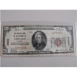 NATIONAL 1929 CURRENCY $20 REPUBLIC CHICAGO CHARTER 4605