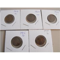 5 WHEAT CENTS 1909 1915 D LOT