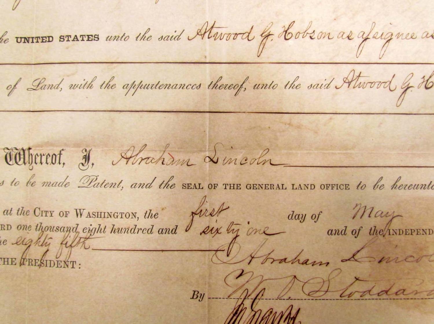 1861 US LAND GRANT SIGNED BY ABRAHAM LINCOLN'S SECRETARY