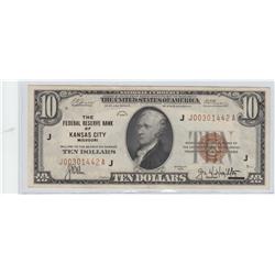 $10 NATIONAL CURRENCY FRBN KANSAS 1929 BROWN SEAL BOLD