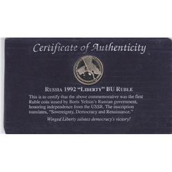 SILVER RUSSIAN RUBLE 1992 UNCIRCULATED PROOF