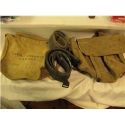 Lot of 2 Canvas Bags  1) Marked " Canada Civil Defense 1) unmarked & 2 web belts