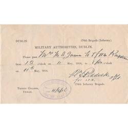 1916 (11 May) Rising Military Pass for travel between Dublin and Kingstown