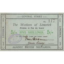 1919 (April 15-27) Extremely rare "Limerick Soviet" Five Shillings Note
