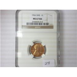 1966 SMS LINCOLN CENT NGC MS67 RD