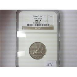 2000-D VIRGINIA QUARTER NGC MS67