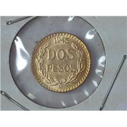 1945 MEXICO GOLD TWO PESO (UNC) .0482 OZ AGW