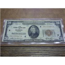 1929 US $20 NATIONAL CURRENCY RICHMOND VIRGINIA